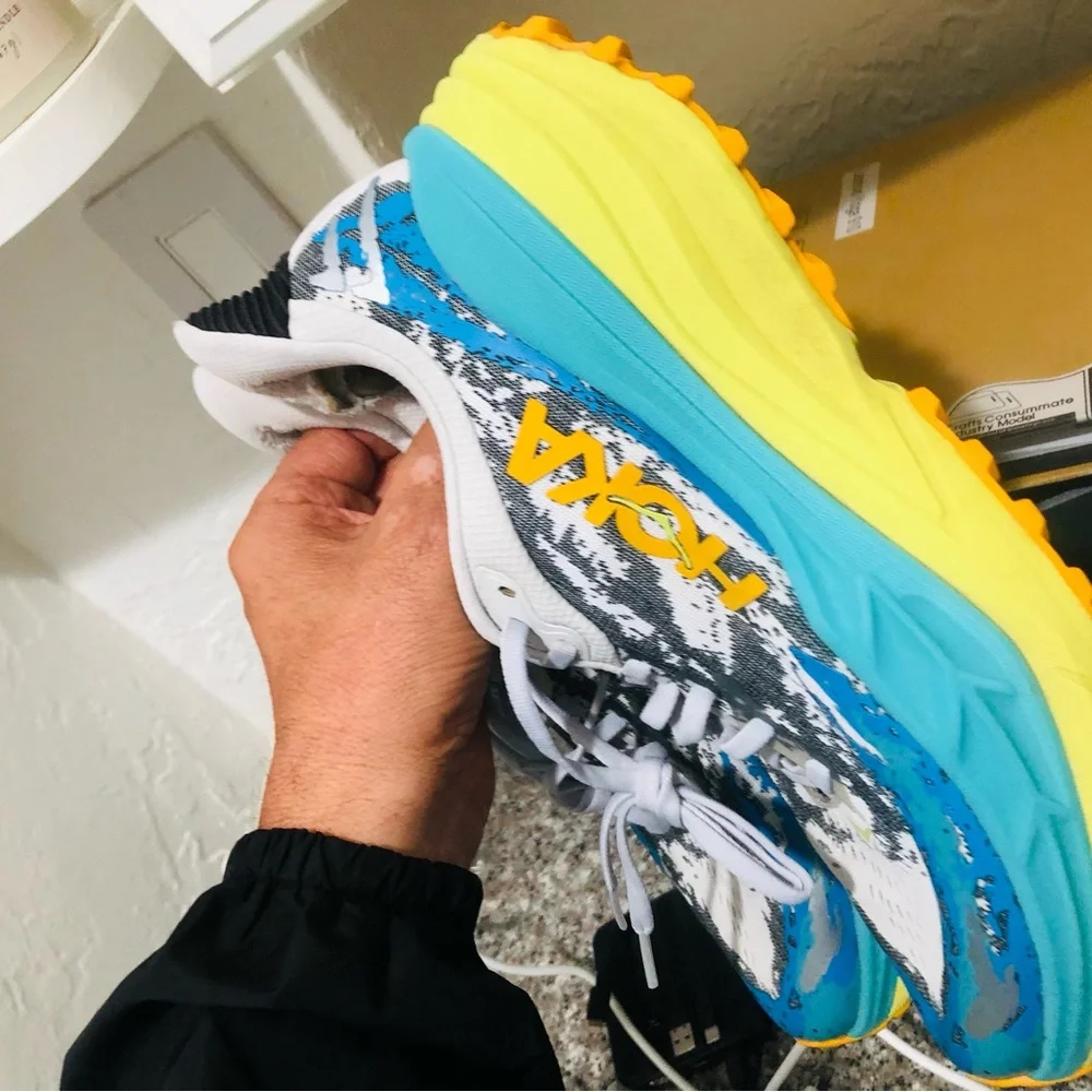 Hoka Clifton-style Running Shoes in Blue, Yellow & White - Picture 2 of 7